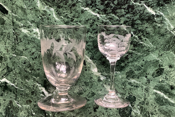 2 antique Victorian 1800s glasses engraved with ferns